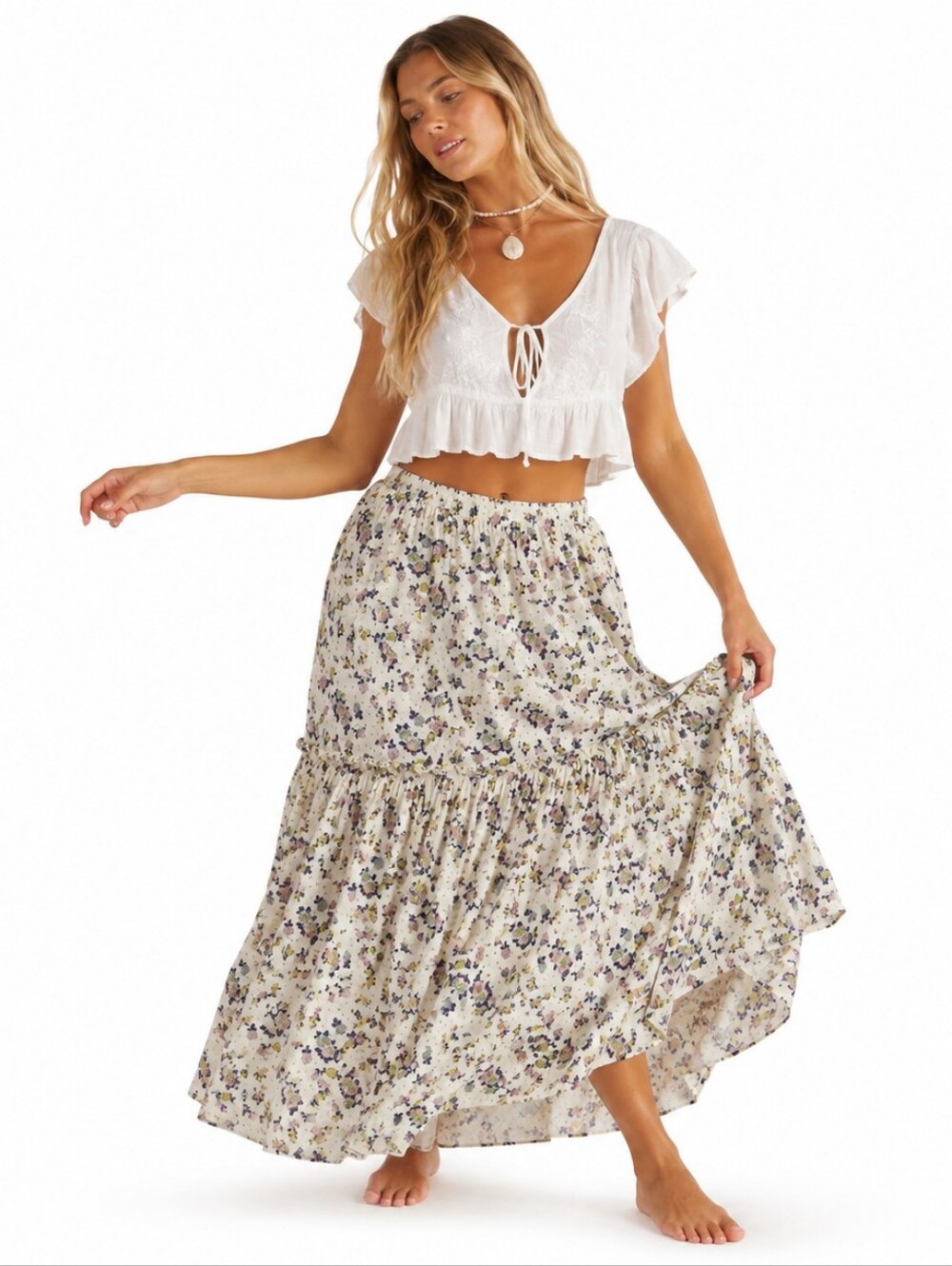 Free People Secret Garden Tiered Floral Maxi Skirt Ivory Purple L